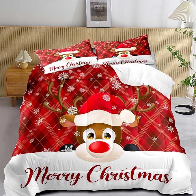 LUVIVIHOME 3PCS Merry Christmas Comforter Set Full Size, Snowflake Cartoon Funny Cute Elk Deer Bedding, Xmas Christmas Bedroom Decor, Soft Microfiber White Red Quilt, 2 Pillow Shams
