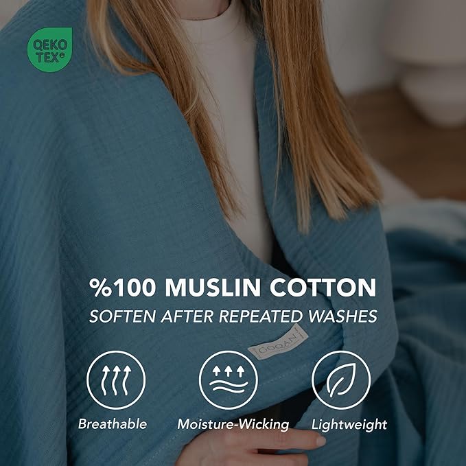 Goqan Muslin Blanket Queen 79x90 – 100% Cotton 4 Layer Boho Muslin Blanket for Adults, Lightweight, Soft, Breathable for Bed - Teal