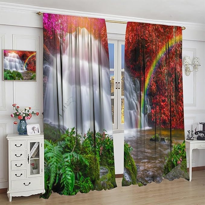 Waterfall Blackout Curtains, Nature Landscape Forest Mountain Waterfall Scenery Scene Print Pattern Window Drapes, for Bedroom Living Room 42" W X 63" L