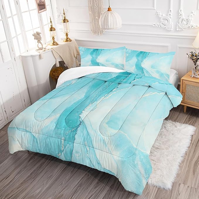 Blue Twin Comforter Set: Twin Size Light Blue Marble Bedding Sets for Teens Girls Kids Abstract Glitter Marbling Quilt Duvet Bed Set 1 Comforter & 1 Pillow Case