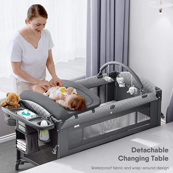 4 in 1 Baby Bassinet, Pack and Play, Bedside Crib Sleeper, Diaper Changer - Comes with Mattress, Mosquito Net, Bottom Storage and Toy Bar for Newborn to Toddles