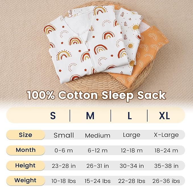 PHF Soft Baby Sleep Sack 18-24 Months 100% Organic Cotton Wearable Blanket, 2-Way Zipper 0.5 TOG Toddler Sleeping Sack 3 Pack, Comfy Sleep Bag for Baby Boys Girls, Rainbow (X-Large)