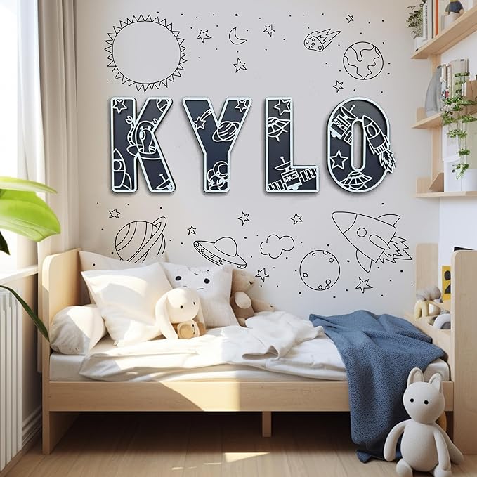 Personalized Wooden Name Sign - Custom Baby Name Signs for Nursery & Kids Room, Baby Announcement Sign, Wall Name Signs Personalized, Round Wooden Letters for Nursery Decor (Space 3D)