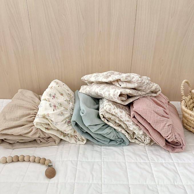 BuLuTu 2 Pack Muslin Fitted Crib Sheets 52"x28" for Standard Crib Mattress, Toddler Boys Girls 100% Cotton Baby Sheets, Soft Breathable, Machine Wash, Beige & Pink