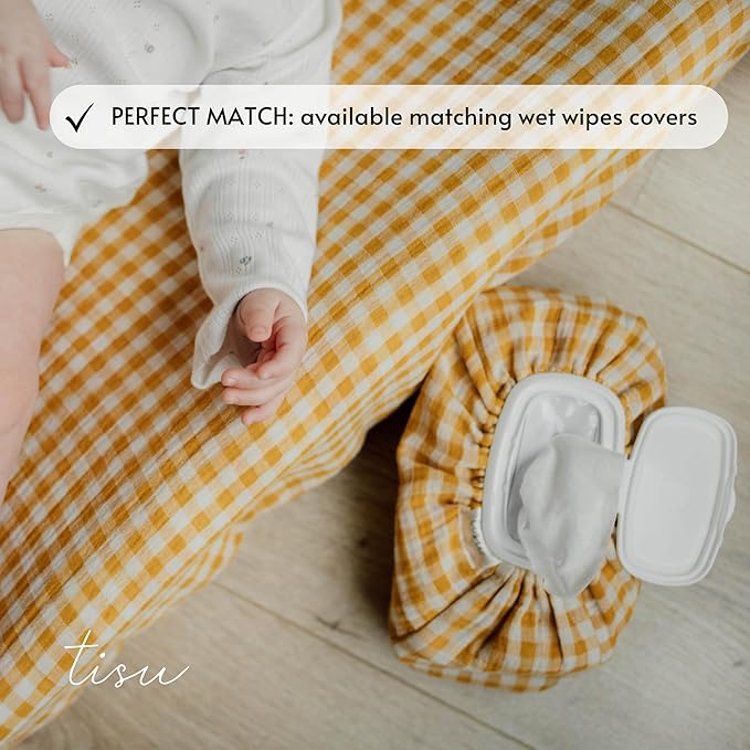 TISU Gingham Diaper Changing Pad Cover, 16 x 32 inches, Soft Muslin Cotton, Elastic Band, Check Pattern (Mustard Yellow Gingham)