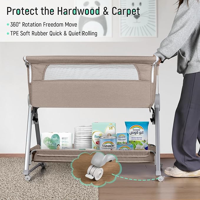 Cowiewie Bassinet Bedside Sleeper, Baby Bassinet with 7 Adjustable Height, Bedside Bassinet for Baby with Storage, Breathable Mesh & Mattress, Portable Bassinet Easy Folding (Baby Brown)
