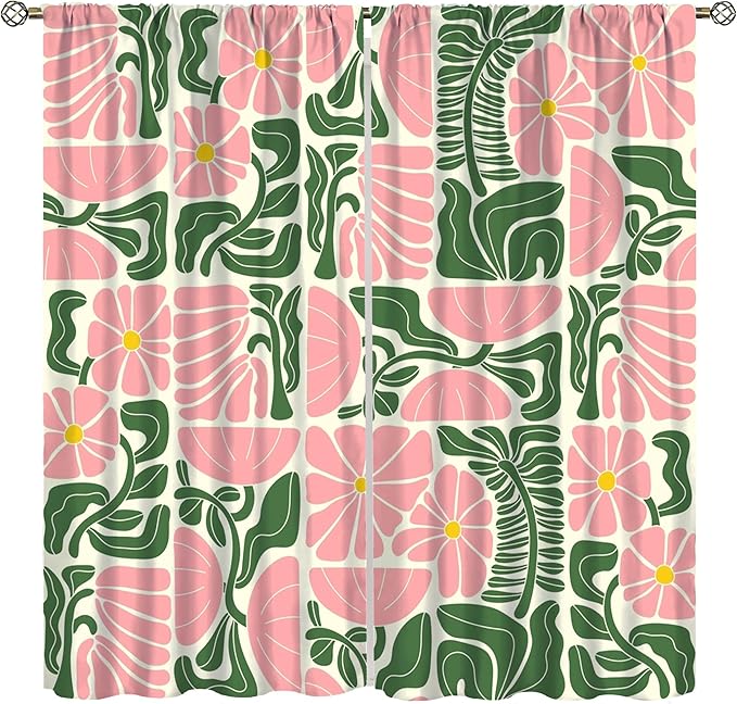 70s Flowers Curtains,Retro Geometric Boho Vintage Botanical Green Pink Flower Curtain for Bedroom Living Room Bathroom Window Curtains,70s Mid Century Flowers Window Treatments 72" W X 63" L