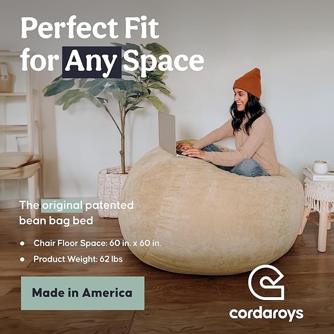 CordaRoy's Chenille Bean Bag-Convertible Bean Bag Chair-Machine-Washable Chenille Fabric Cover-for Basement,Living Room,Game Room,Dorm & More - King Size - Tan | Made in The USA