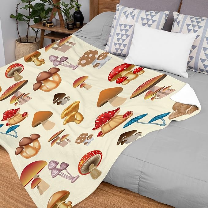 Thuswarm Colorful Wild Mushroom Flannel Blanket for Autumn Winter Gifts Warm Cozy Soft Funny Print Throw for Bed Couch Sofa 80”×60” Large for Adult