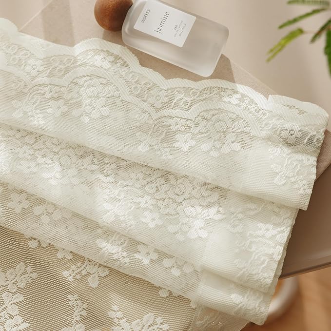 Anmao Vintage Lace Curtains 54 Inches Long 2 Panels Set, Romantic Elegant Light Filtering Semi Sheer Floral Thick Lacy Curtain Drapes for Living Room and Bedroom, Each Panel 55W x 54L, Ivory
