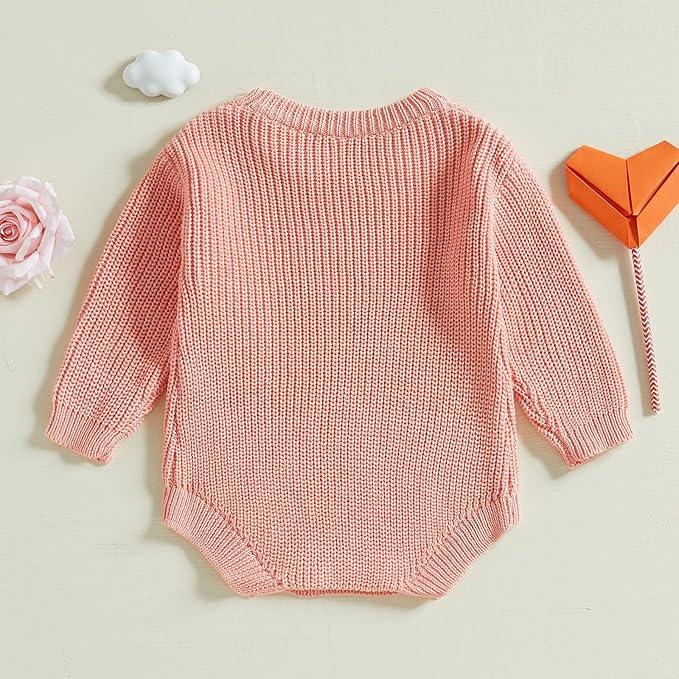 Lesimsam Newborn Baby Boy Girl Valentines Day Outfit Oversized Embroidery Long Sleeve Knit Sweater Bubble Romper Bodysuit