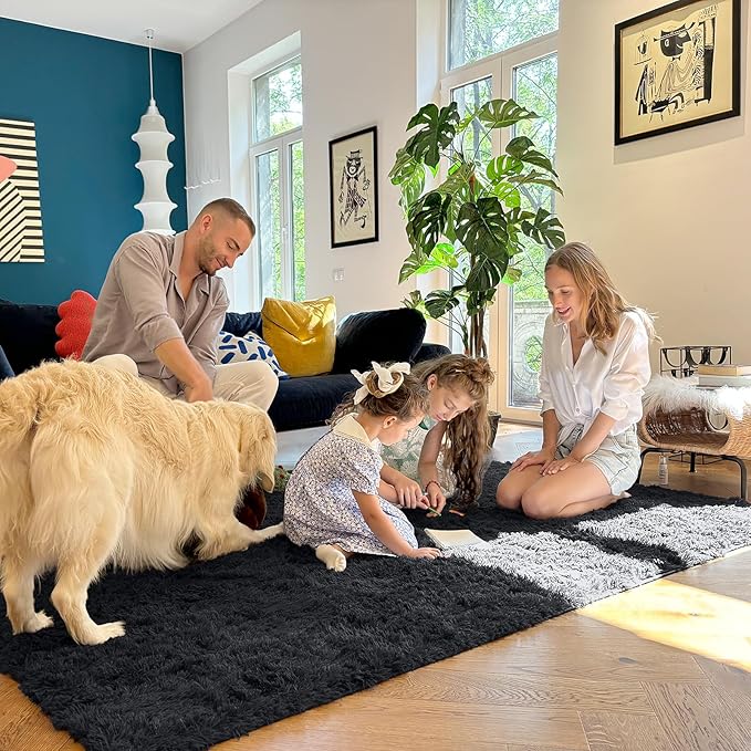 OLANLY 9x12 Machine Washable Large Area Rugs for Living Room, Bedroom, Soft Fluffy Shaggy Bedside Rug, Indoor Floor Carpet for Kids Girls and Boys, Dorms, Nursery, Home Decor Aesthetic, Black