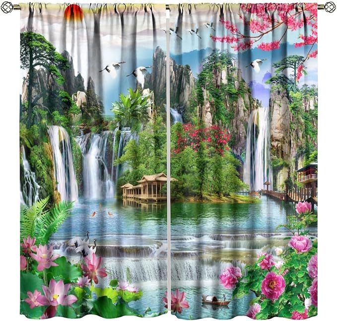 Waterfall Blackout Curtains, Forest Waterfall Rocky Lotus Fish Landscapes Print Window Drapes, for Living Room Bedroom 72" W X 63" L