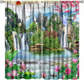 Waterfall Blackout Curtains, Forest Waterfall Rocky Lotus Fish Landscapes Print Window Drapes, for Living Room Bedroom 63" W X 72" L