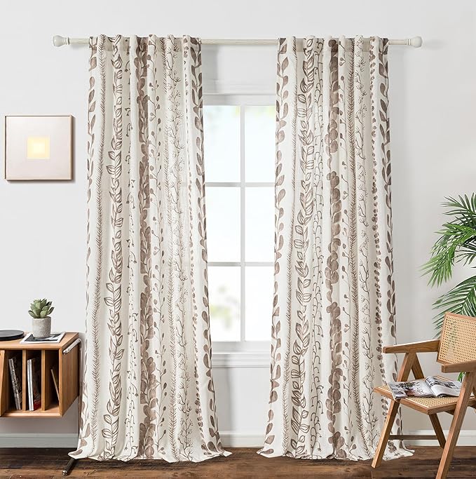 MEETSKY Brown Sheer Curtains 72 Inches Long 2 Panels Boho Curtains for Living Room Light Filtering Patterned Drapes for Bedroom Linen Style Back Tab Leaf Print Window Treatment