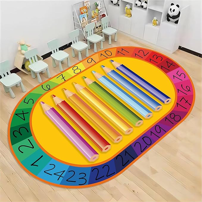 Colorful Kids Oval Rug, 5x6ft, Early Learning Education Play Mat for Learning Numbers, Soft Non-Slip Pens Design Rugs for Boys Girls Room Playroom Classroom Nursery Room