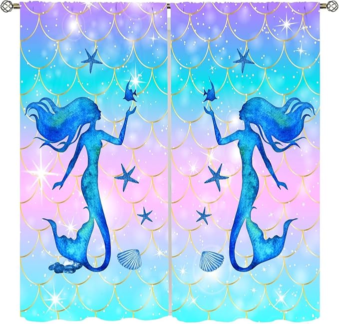 Mermaid Scale Curtains for Kids Girls Magic Gradient Mermaid Fish Scale Pattern Decoration Bedroom Nursery Curtains 84x84 Inch