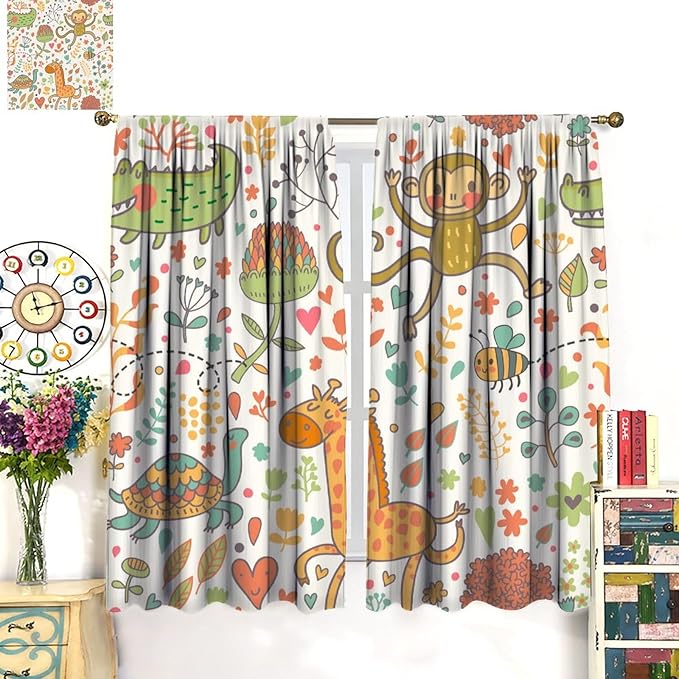 Cute Monkeys Curtains, Zoo Theme Cartoon Funny Animals Crocodile Giraffe Turtle with Flowers Print Thermal Insulation Window Drapes for Kids Boys Girls Baby Bedroom Living Room 42x45 Inch