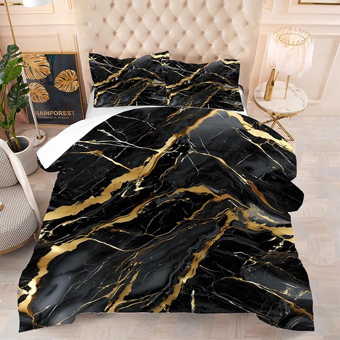 Black Marble Comforter Queen: Abstract Black and Gold Comforter Set Modern Marbling Luxury Quilt Bedding Set 3PC for Men Women Adults Bedroom 1 Comforter & 2 Pillowcases