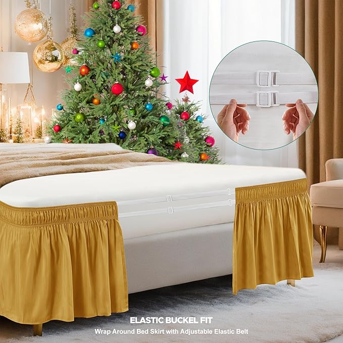 Biscaynebay Wrap Around Bed Skirts for King & Cal King Beds 17" Long Drop, Gold Adjustable Elastic Dust Ruffles Easy Fit Wrinkle Resistant Silky Luxurious Fabric Machine Washable