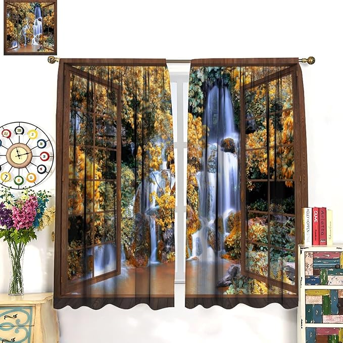 Waterfall Blackout Curtains, Waterfall Forest Landscape Wooden Window Print Pattern Window Drapes, for Bedroom Living Room 42" W X 63" L