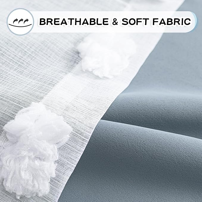 MYSKY HOME Blue Living Room Curtains Kids Curtains for Boys Bedroom 84 Inches Long Double Layer Curtains Room Darkening Grommet White Pom Pom Sheer Blackout Curtains Dusty Blue 52 x 84 Inch 2 Panels
