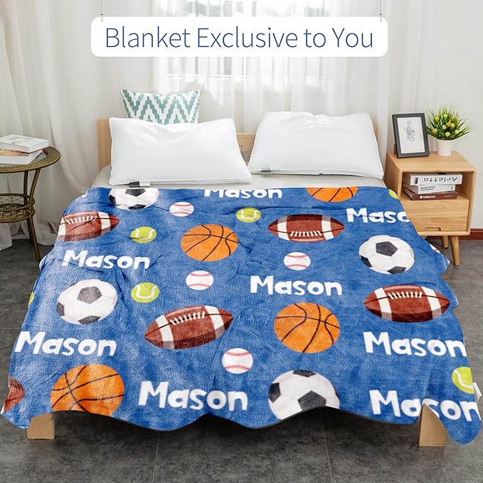 Custom Ball Blanket with Name for Boys, Personalized Name Blanket for Kids Ball, Soft Flannel Customized Gift for Birthday Christmas Baby Shower Children Day 40"x50"