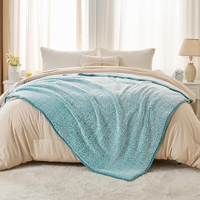 EMME Soft Sherpa Fleece Blanket Reversible Plush Fluffy Large Blanket, Light Weight Warm Decorative Boho Blanket Cover for Sofa, Couch, Bedroom,Travel(Plush Teal,90"x90")
