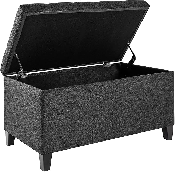 Asense Storage Ottoman Bench, Tufted Fabric Upholstered End of Bed Bench with Safety Hinge Wooden Legs, for Entryway Bedroom (Cotton and Linen Black, 33.3")