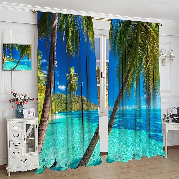 Ocean Beach Curtains,Sunshine and Beach Hawaiian Seaside Scene Pattern Blackout Print Home Bedroom Living Room Window Treatments 2 Panel Set 84x84 Inch