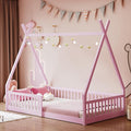 Merax Twin Size House Platform Frames Bed Floor Bed with Fence for Boys or Girls, No Box Spring Needed(Slats Kit Included), Pink