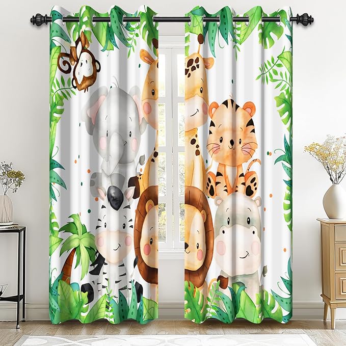 Renaiss 42 x 84 Inch Safari Animal Curtains for Kids Tropical Rainforest Lions Tigers Elephants Giraffes African Jungle Tree Green Leaf Print Window Drapes for Nursery Baby Bedroom Playroom 2 Panels