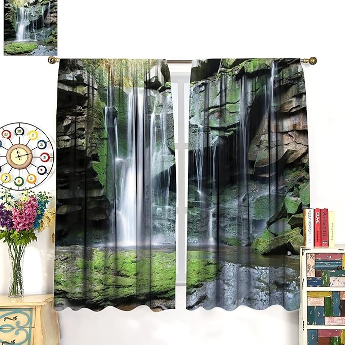 Forest Waterfall Blackout Windows Curtains, Rocky Waterfall to Pond Running Off Scenic Nature Themed Picture Print Curtains, for Living Room Bedroom 42x45in 2 Panels