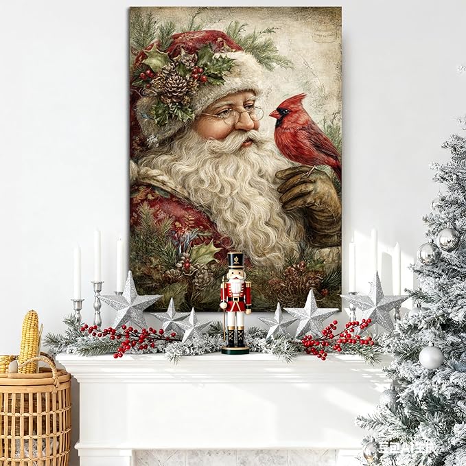 YONICA Christmas Canvas Wall Art Santa with Cardinal 12x16 Inch Vintage Style with Red Bird - Large Framed Gallery Wrapped Wildlife Art