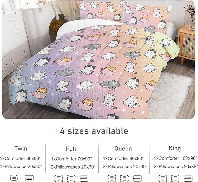Cat Comforter Set King: Cute Cats Bedding Sets Cartoon Pet Kitten Quilts for Women Teen Girls Adult Rainbow Kawaii Kitty 3 Piece Bed Set 1 Comforter & 2 Pillowcases