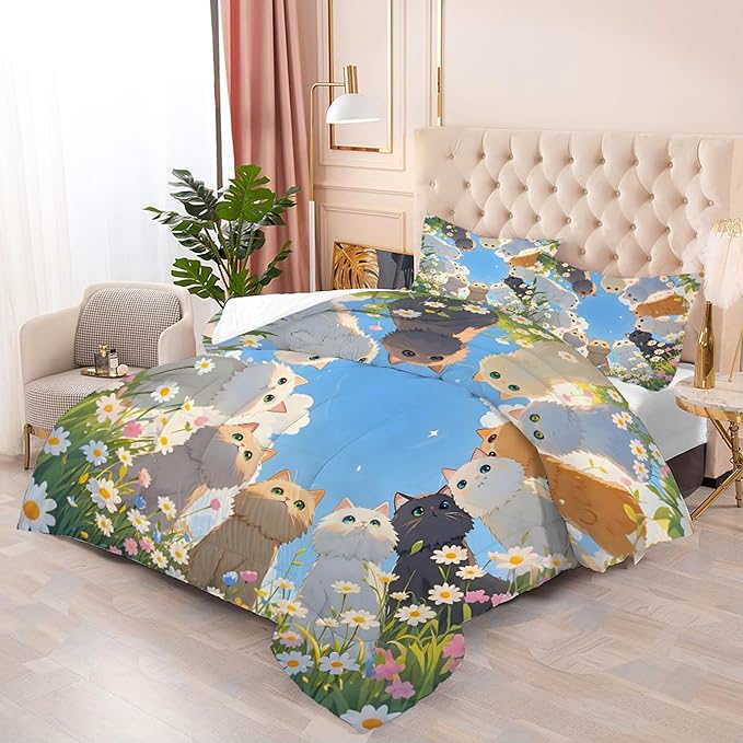 Cat Comforter Set Twin: Cute Floral Cats Bedding Set Blue Sky Daisy Kitten Quilt for Girls Kids Teens Toddler Kawaii Flowers Feline Bed Sets 1 Comforter & 1 Pillowcase