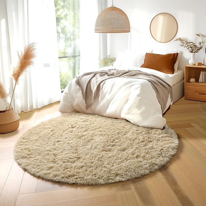 Amdrebio Beige Round Area Rug 4Ft for Bedroom, Machine Washable, Fluffy Plush Shag Furry Circle Rugs for Kids Room, Living Room Decor Aesthetic, Cute Fuzzy Carpet for Nursery Playroom Dorm Baby Teens