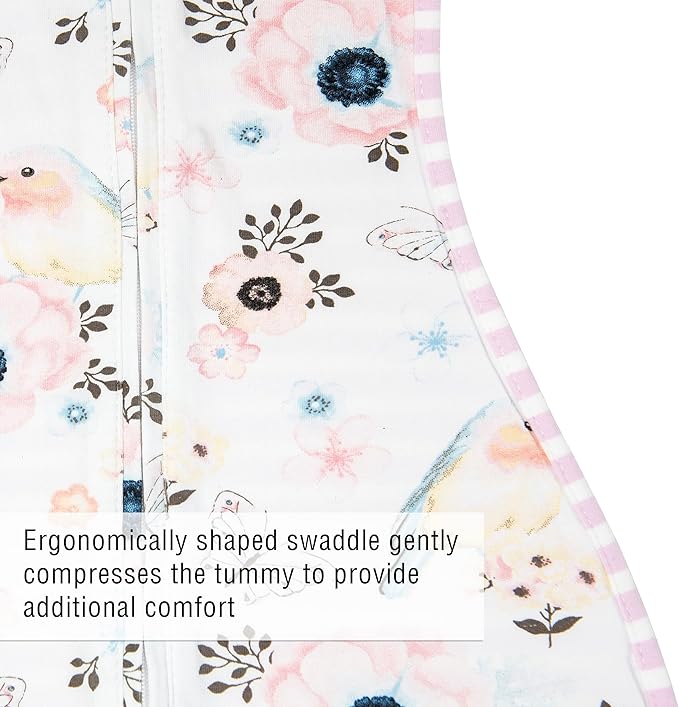 Woombie Original Baby Swaddling Blanket - Self-Soothing, Cotton Baby Swaddle with Zipper - Wearable Newborn Blanket, Birdie Front/Stripes Back, 14-19 lbs