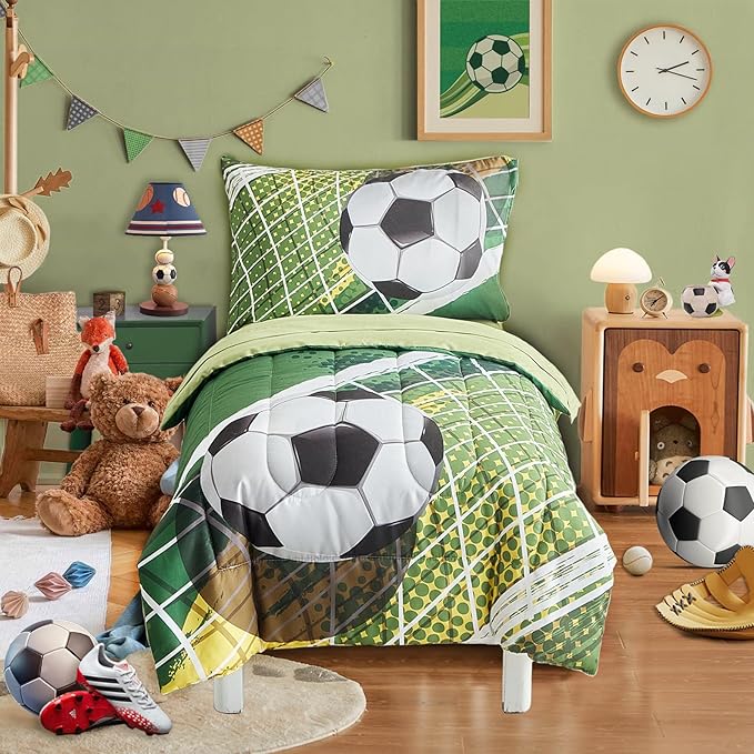 4 Pieces Soccer Toddler Bedding Set for Boys Girls Yellow Green Soccer Field Toddler Bed Set with Goal Cute Toddler Bed in a Bag with Sheet Set and Pillow Shams