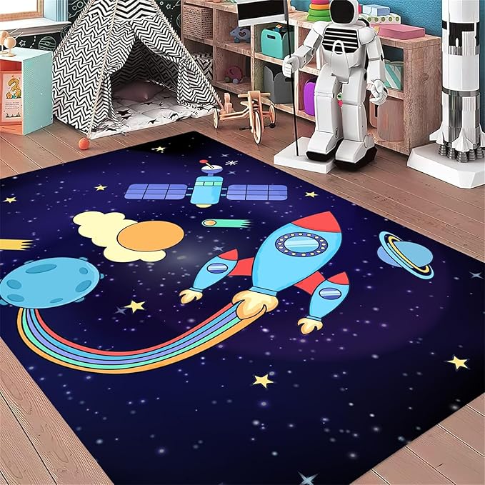 Outer Space Themed Rug,3x4ft,with Cartoon Planets,Stars and Rocket Design Rugs, Suitable for Playroom Bedroom Printed Rug, Non-Slip Machine Washable Carpet, Children's Room Decor