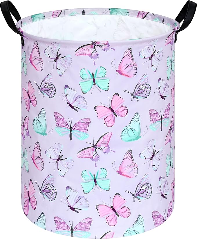 KUNRO Round Laundry Gift Basket Storage Hamper, Kids Toys and Clothes Storage Organizer Bins, Toy Shelf Basket with Handles for Room Decor (Purple Butterfly)