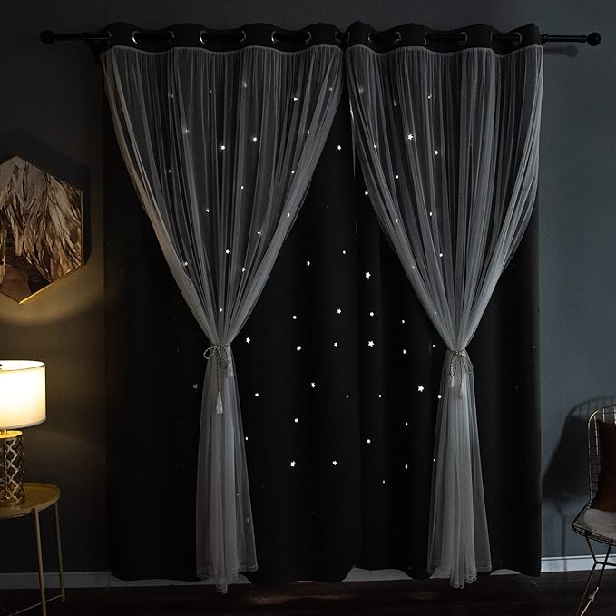 Kinryb Kids Blackout Curtains for Bedroom/Living Room/Classroom, Sheer Overlay 95 Inches 2 Panel Set, Double Layer Curtains with Star Cutout for Kids Room(W 52 x L 95 Inches,Grey 2 Pcs)