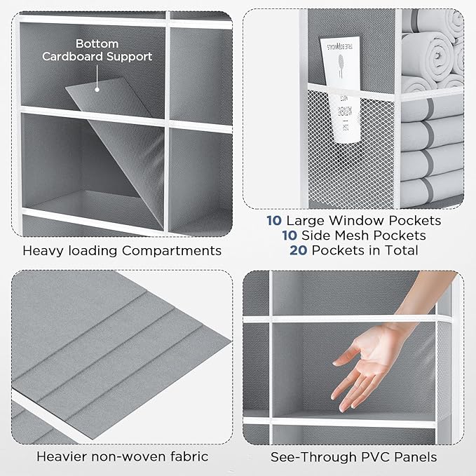 PureSpace 5-Tier Over The Door Organizer with 10 Side Mesh Pockets & Clear Windows, 80 lb Weight Capacity Hanging Storage for Bathroom, Bedroom, Nursery, Kitchen, Organizer Toys (Grey Clear wind)