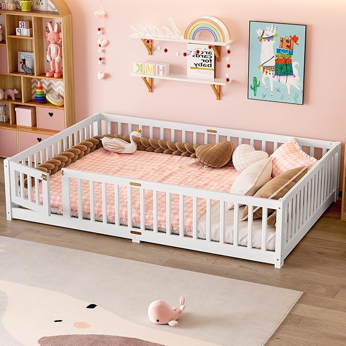 Bellemave Queen Size Floor Bed with Rails for Kids, Girls, Boys, Pine,Plywood Floor Bed with slats and Door, White