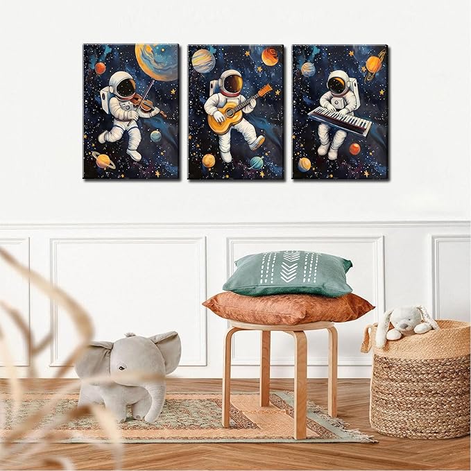 3Pcs Space Astronaut Musiic Canvas Wall Art Cute Astronaut Musician Decor Pictures Funny Piano Guitar Violin Posters Prints for Boys Room Girls Room Kids Room Nursery Decoration