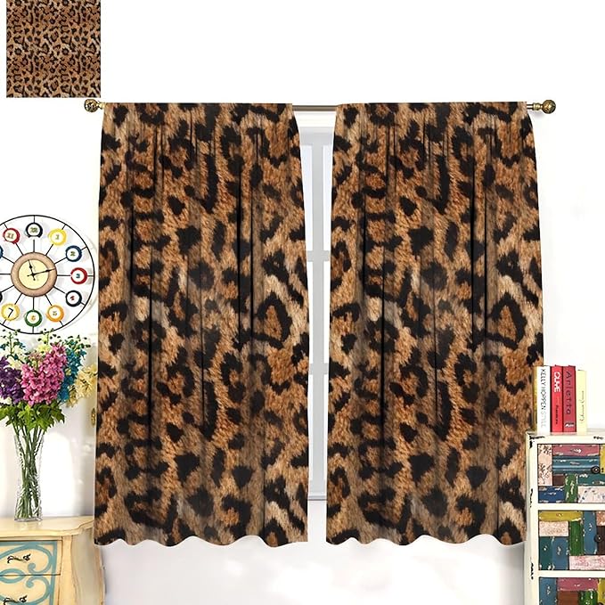 Leopard Print Window Curtains, Animal Fur Skin Brown Farmhouse Wild 3D Rustic Safari Theme Window Treatments for Kids Bedroom Living Room 63" W X 63" L