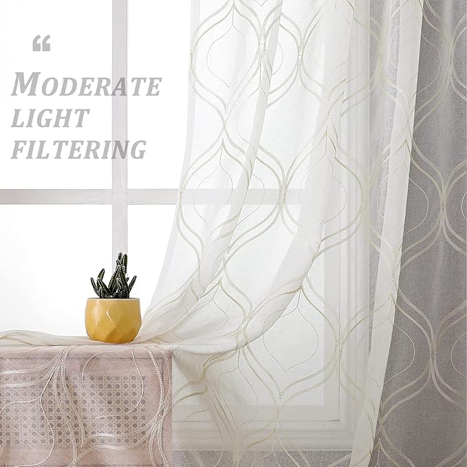 VISIONTEX White Sheer Curtains 84 Inches Long 2 Panels Set Beige Moroccan Embroidered Curtains Trellis French Textured Rod Pocket Voile Tulle Semi Window Drapes for Bedroom Living Room 54 x 84 Inches