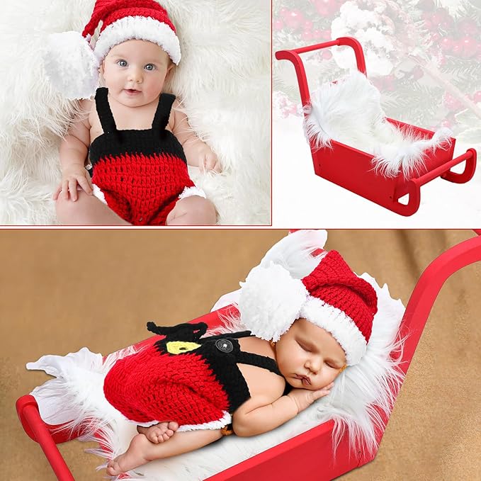 3 Set Christmas Newborn Photography Props Mini Red Sleigh Newborn Photography Basket Christmas Cap Crochet Santa Claus Outfits White Fur Blanket for Baby New Baby Photographic Props