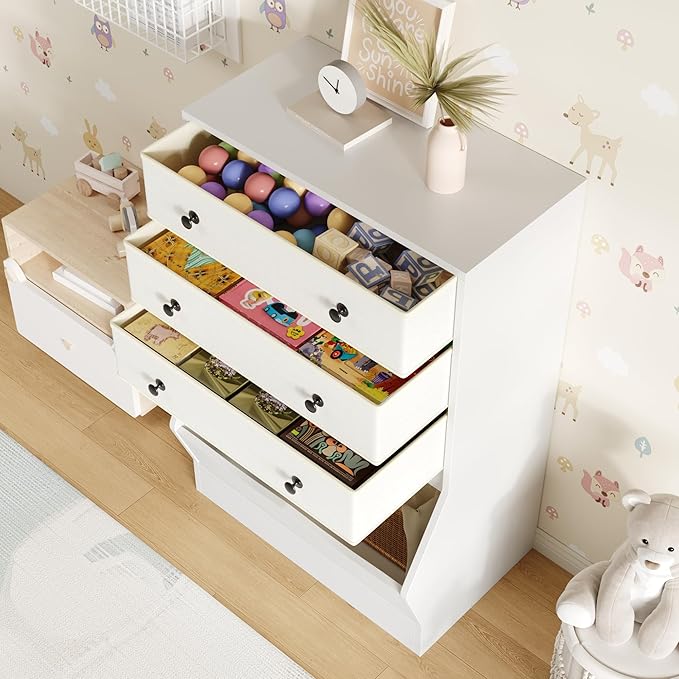MHOM Toy Storage Organizer with Open Cube, Kids Bookshelf and Toy Storage with PU & Non-Woven Fabric Drawers, Small Book Shelf for Kids Rooms, Playroom and Nursery (White)