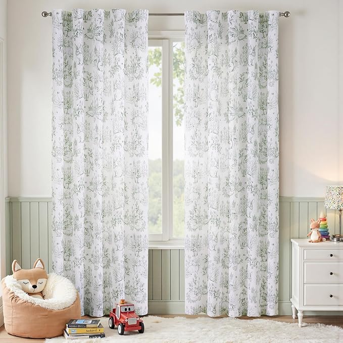 jinchan Linen Nursery Curtains 84 inch Long Woodland Wildlife Sage Green Print Drapes for Kid's Room Light Filtering French Country Farmhouse Curtains with Bunny and Forest Design Set of 2 Panels
